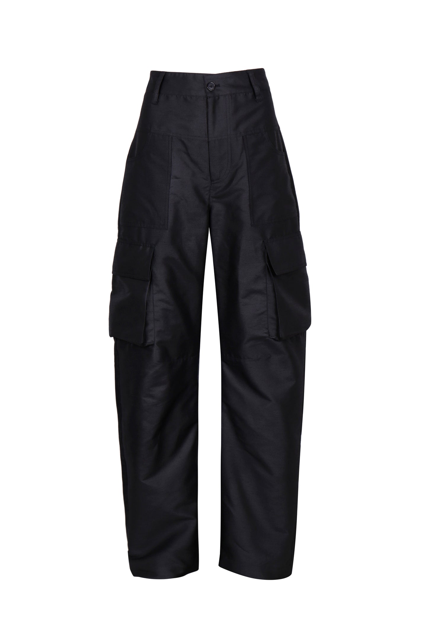 BLACK SATIN-FINISH CARGO TROUSERS