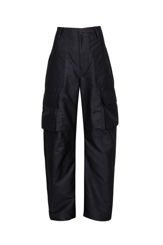 BLACK SATIN-FINISH CARGO TROUSERS