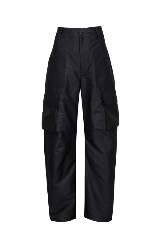 BLACK SATIN-FINISH CARGO TROUSERS