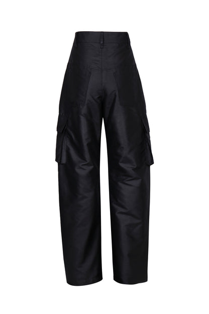 BLACK SATIN-FINISH CARGO TROUSERS