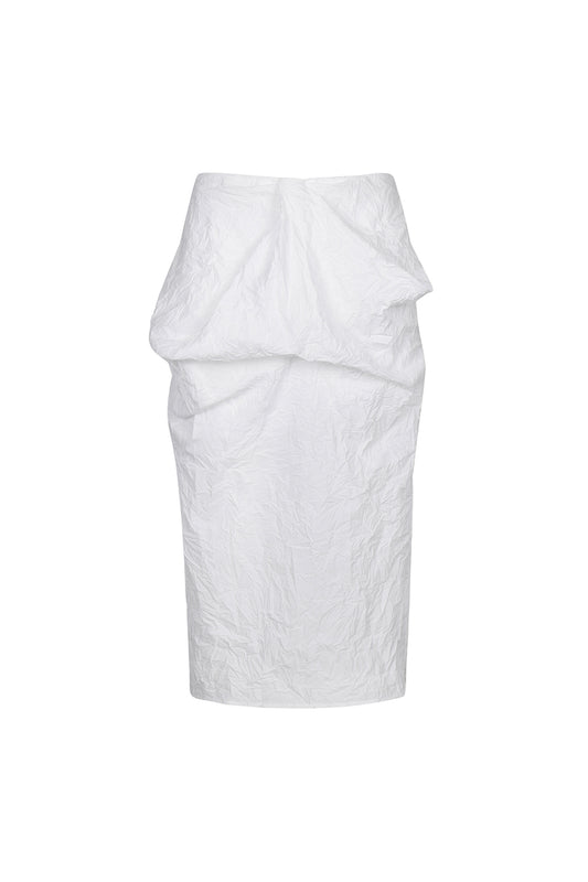 WHITE CRINKLED TEXTURE DRAPED MIDI SKIRT